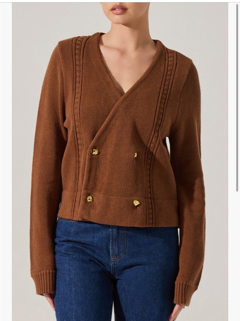 Astr Brown Double-Breasted V-Neck Knit Cardigan